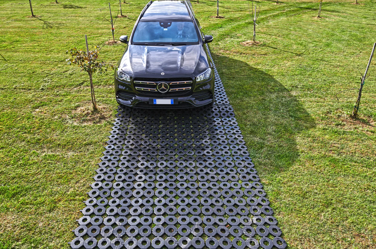 parking staza na travnjaku sa automobilom koj prelazi preko staze